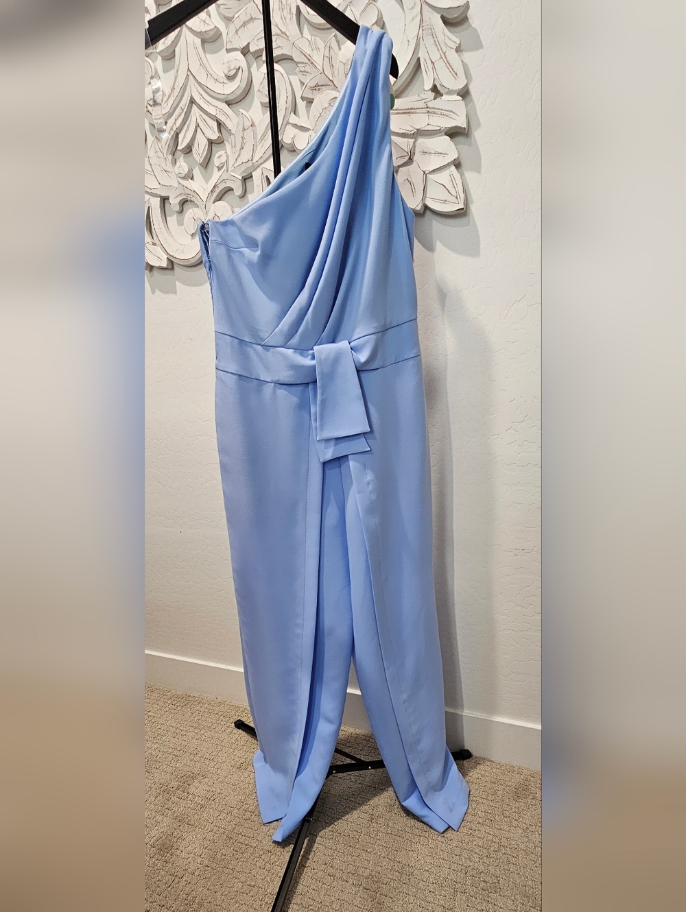Asymmetrical Icy Blue One-Shoulder Jumpsuit w/Waist Tie Slit Legs Women's Sz 12 - Picture 2 of 12